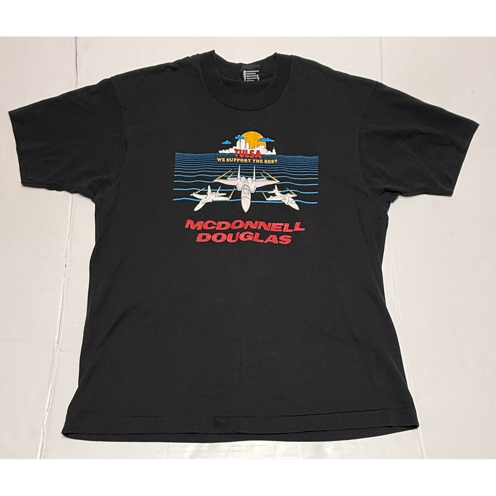 Vintage McDonnell Douglas Tulsa Jet T Shirt Black XL USA Made Single Stitch